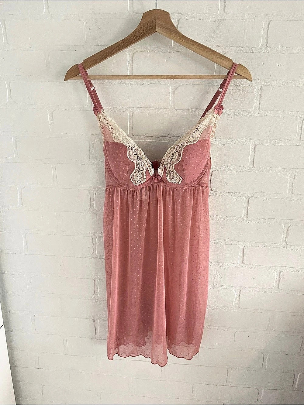 Oysho Coquette Dusty Rose Sheer Mesh Lace Underwire Babydoll Chemise Sz 34B